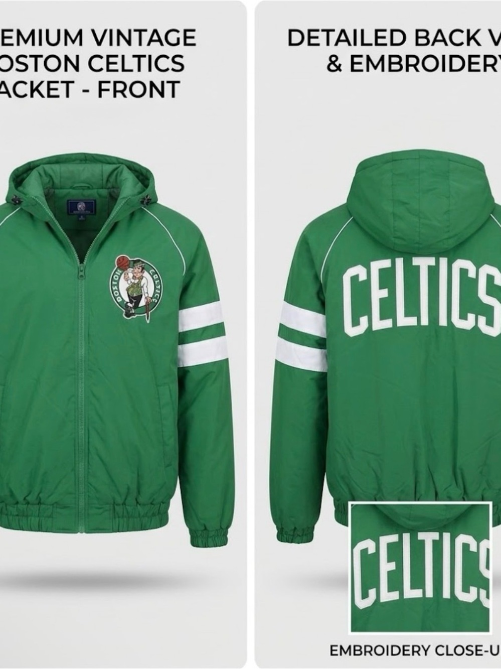 NBA Green Boston Celtics Hooded Puffer Jacket with White Stripes